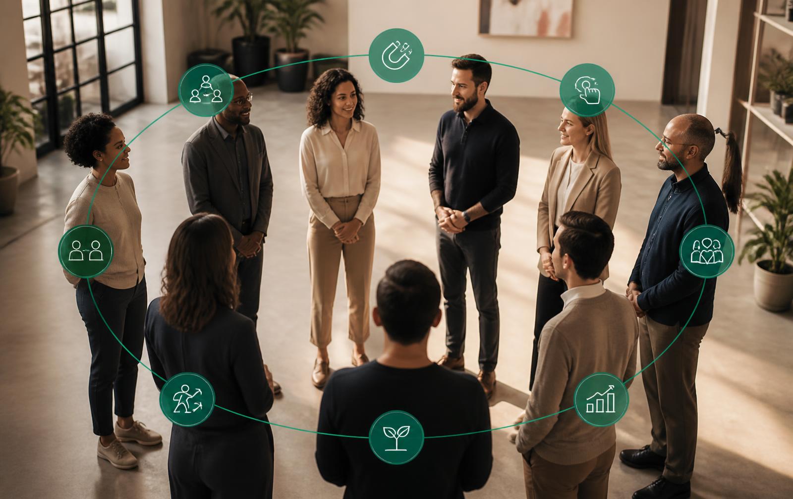 A diverse team collaborating around a table, with the eight moments of the Employee Circle drawn around them